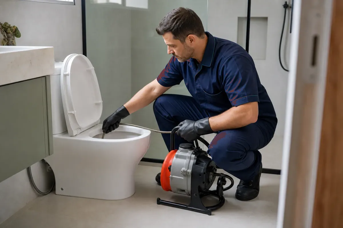 Técnico realizando desentupimento de vaso sanitário