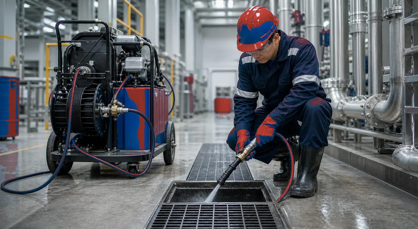 Hidrojateamento profissional em rede de drenagem industrial