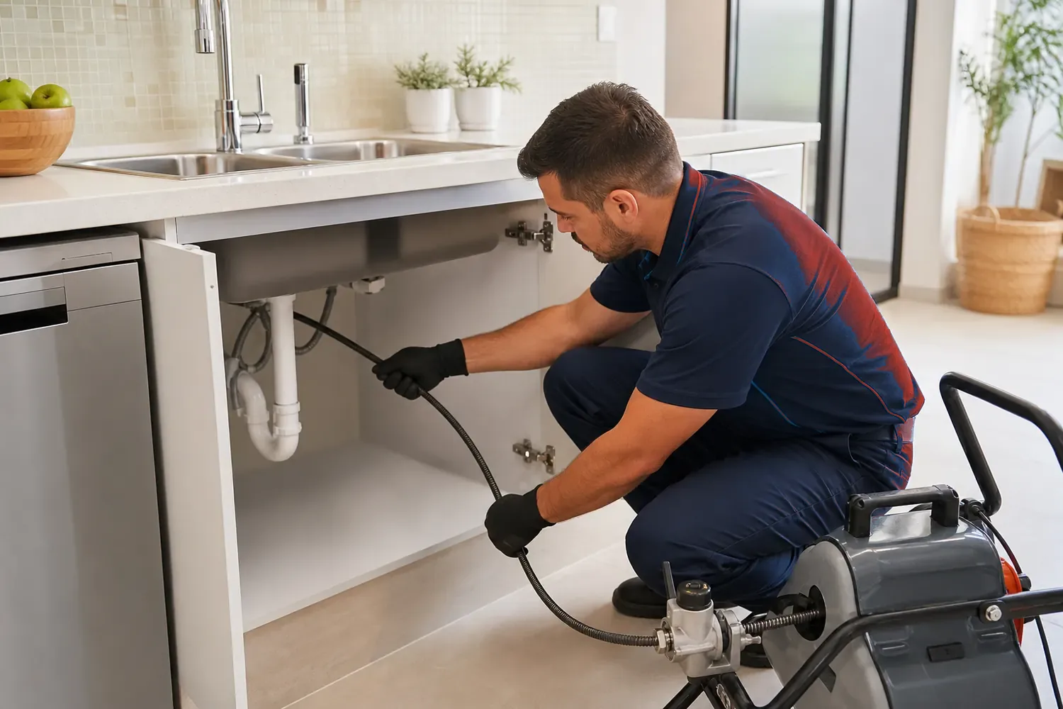 Técnico realizando desentupimento em cozinha residencial